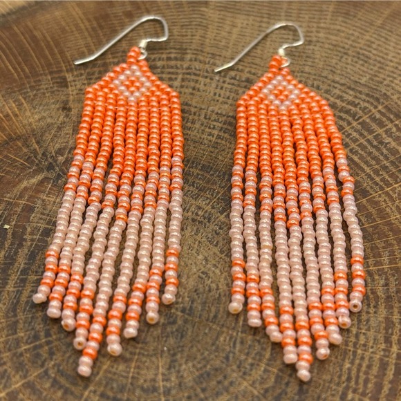 Seed Bead Fringe Dangle Earrings Orange Peach Glass Beads Beadwork Beaded Long - Picture 7 of 7